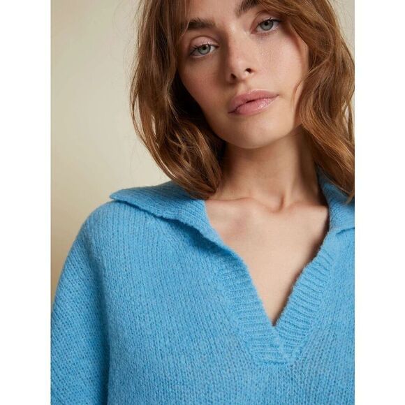 Revolve x Nation LTD Georgie Polo Sweater Cropped Alpaca Wool Size L Blue - Picture 7 of 10